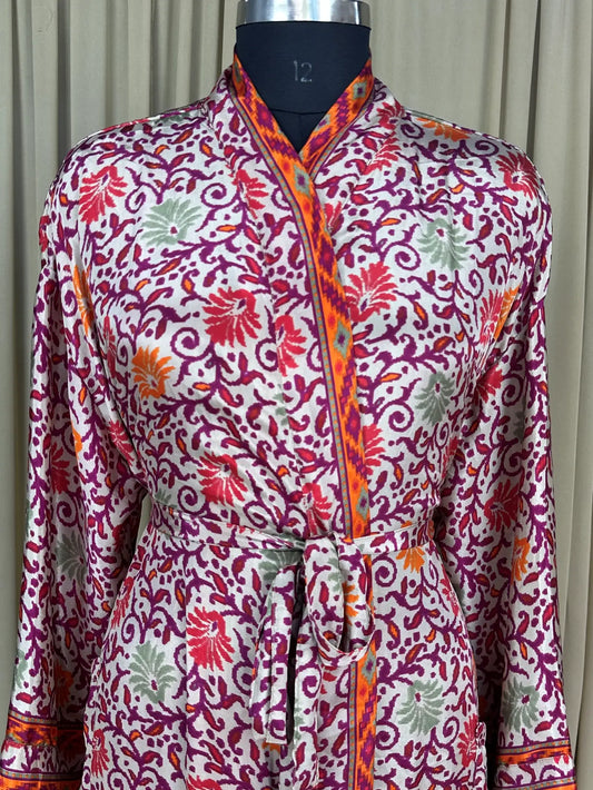 Recycle Silk Sari Women Kimono | Boho Chic Beach Cover Up Vintage Lounge Dressing Robe l Resort Wear Regal Gypsy House Robe | Pink Floral