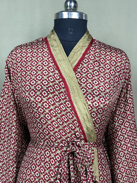 Recycle Silk Sari Women Kimono | Boho Chic Robe House, Beach Cover Up Vintage Bridesmaid Lounge Dressing Gown l Resort Wear Gypsy Nightwear