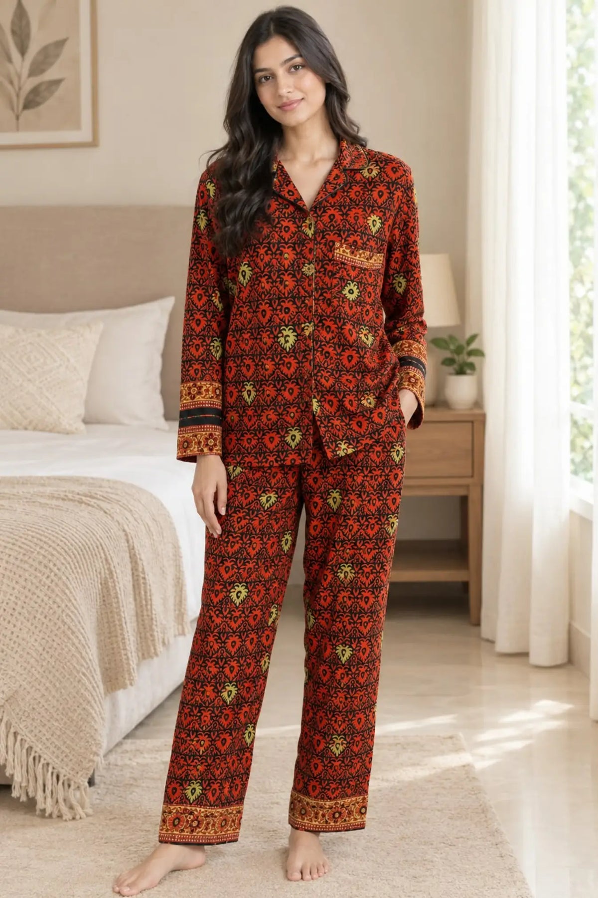 Recycled Silk Sari Pajama Set, Soft Handmade Nightwear, Valentine Gift for Her, Button Down Top, Drawstring Pants, Luxury Lounge Gift