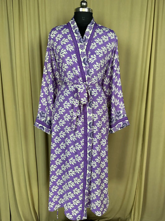 Recycle Silk Sari Women Kimono | Boho Chic Beach Cover Up Vintage Lounge Dressing Robe l Resort Wear Regal Gypsy House Robe | Purple Floral