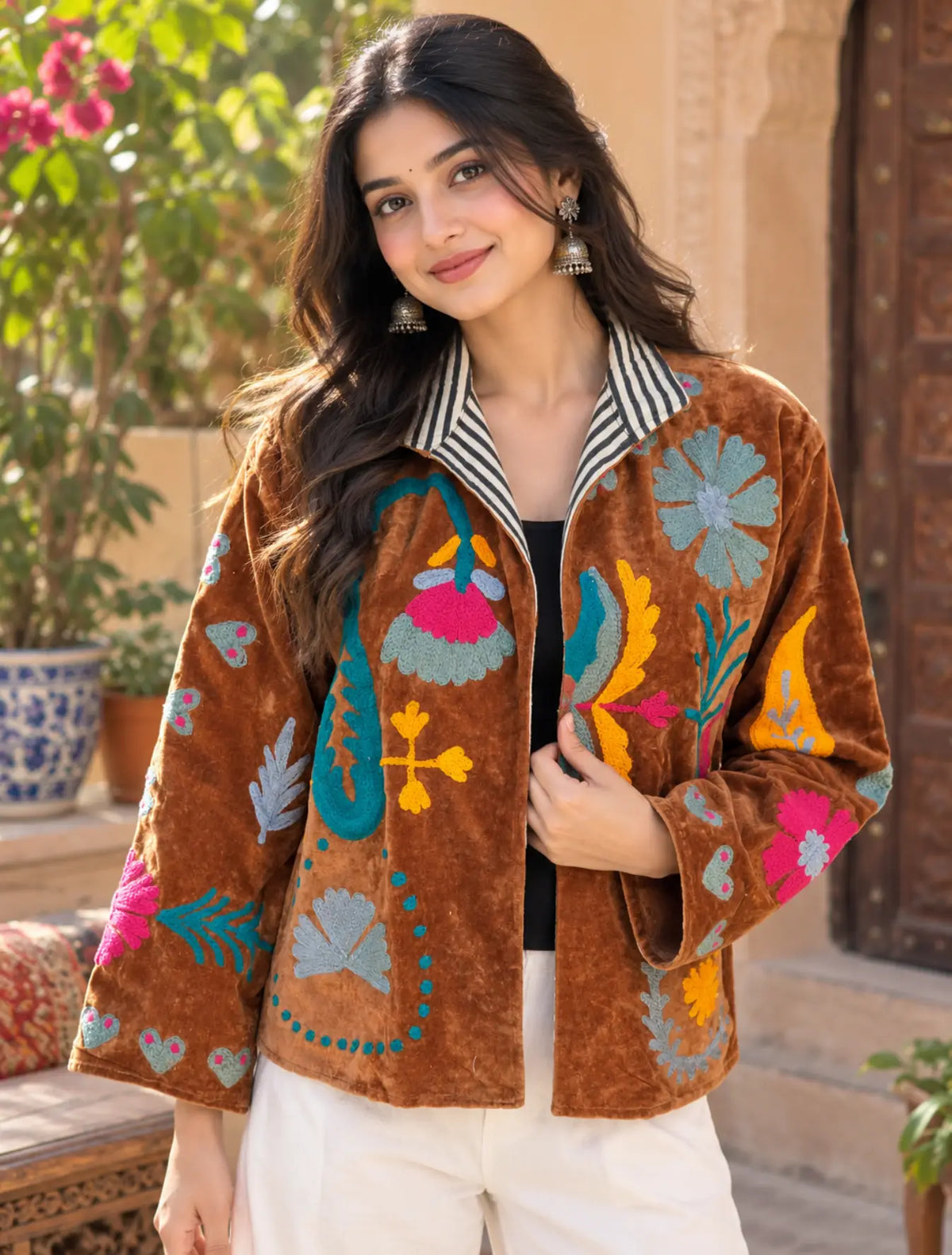 Boho Hand Embroidered Velvet Suzani Jacket, Brown Floral Open Front Coat Winter Wear Free Size Robe Retro Chic Free Size Robe Blazer for Her