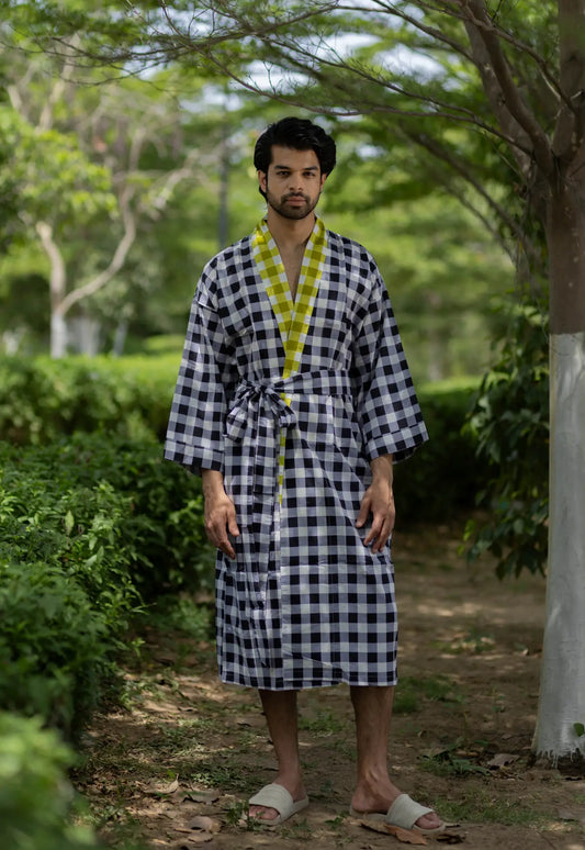 Pure Cotton Boho Men Kimono Robe | Geometric Luxury Dressing Gown Summer Loungewear, Reversible Unisex Bathrobe Relaxed Fit Beach Outfit