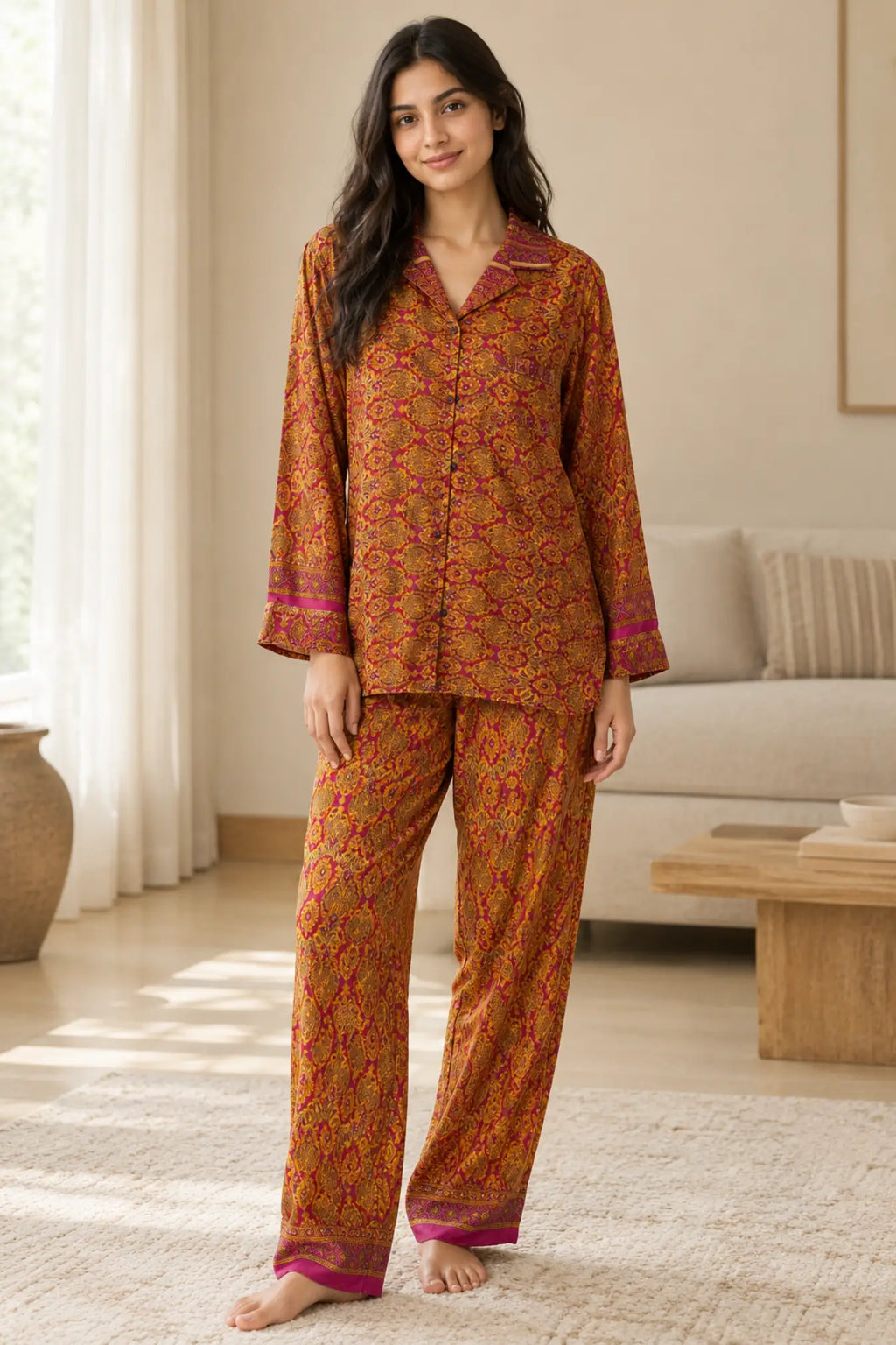 Recycled Silk Sari Pajama Set, Handmade Silk Blend Sleepwear with Pockets, Button Down Top, Drawstring Pants, Boho Gift for Her