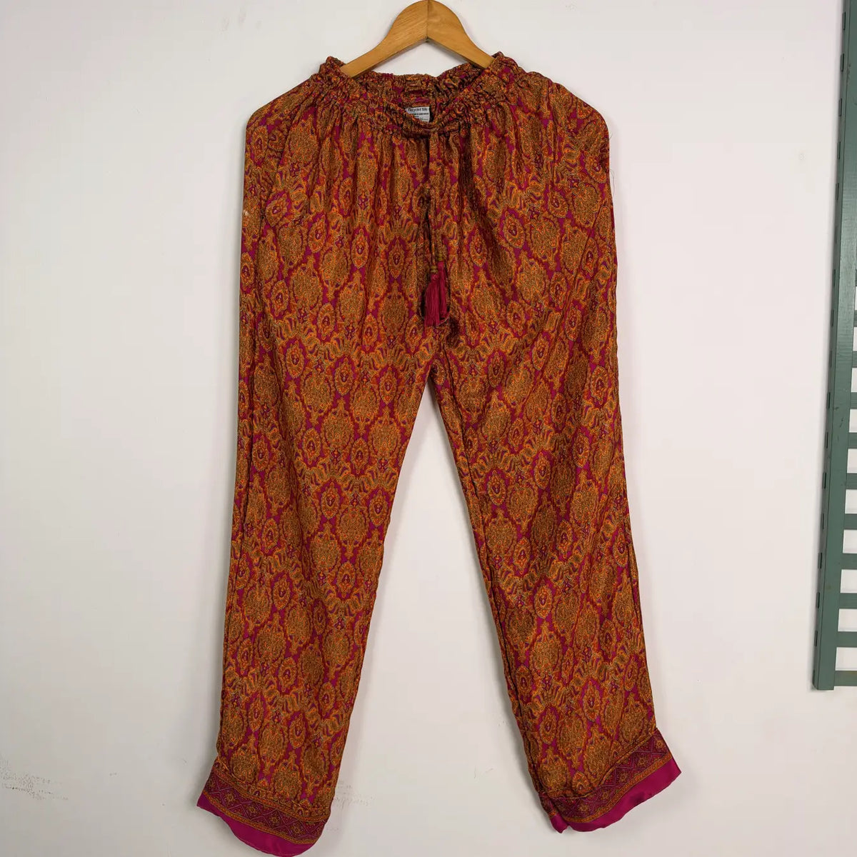 Recycled Silk Sari Pajama Set, Handmade Silk Blend Sleepwear with Pockets, Button Down Top, Drawstring Pants, Boho Gift for Her