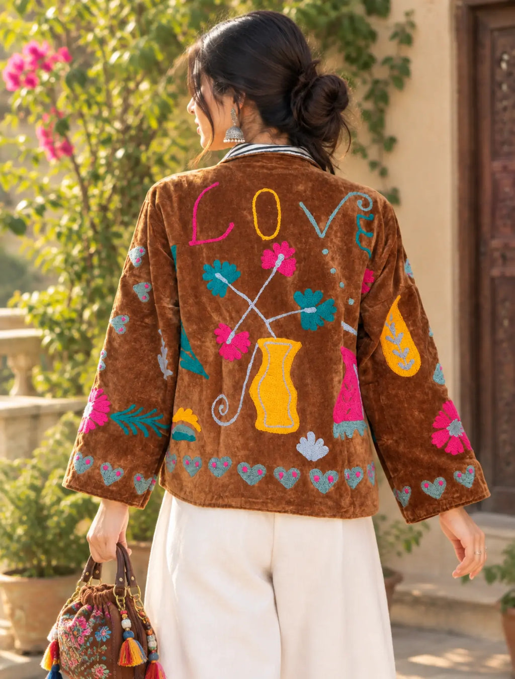 Women's Suzani embroidered Velvet Jacket in brown floral