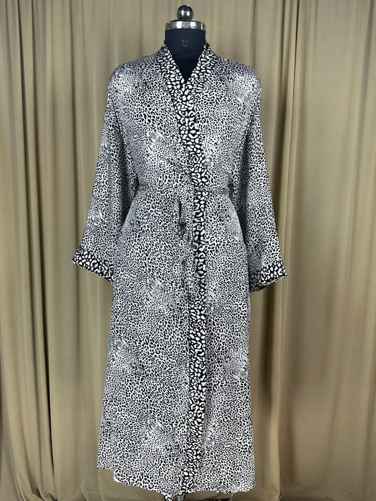 Recycle Silk Sari Women Kimono | Boho Chic Beach Cover Up Vintage Lounge Dressing Robe l Resort Wear Regal Gypsy House Robe | Black Animal