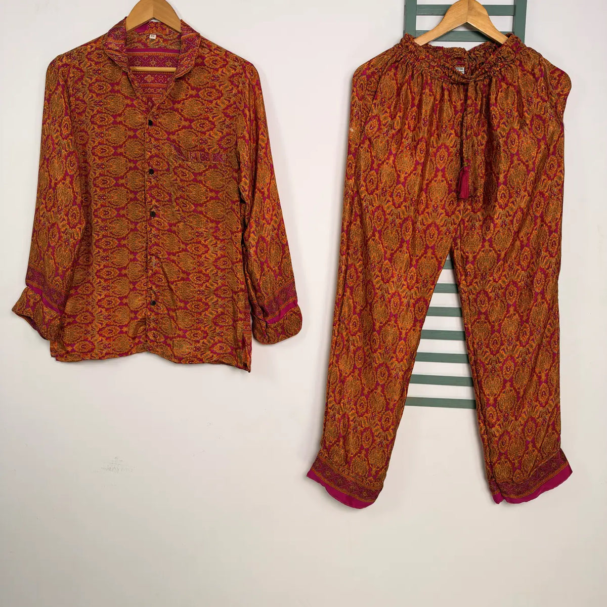 Recycled Silk Sari Pajama Set, Handmade Silk Blend Sleepwear with Pockets, Button Down Top, Drawstring Pants, Boho Gift for Her