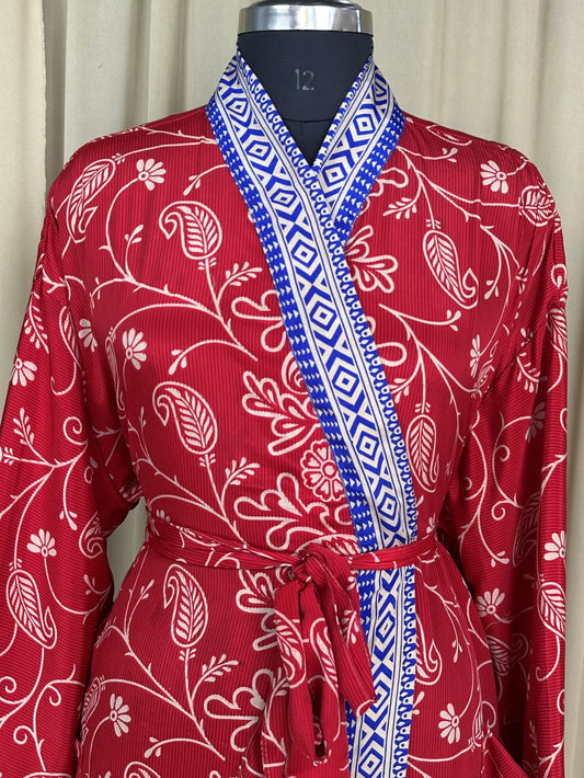 Recycle Silk Sari Women Kimono | Boho Chic Beach Cover Up Vintage Lounge Dressing Robe l Resort Wear Regal Gypsy House Robe | Red Floral