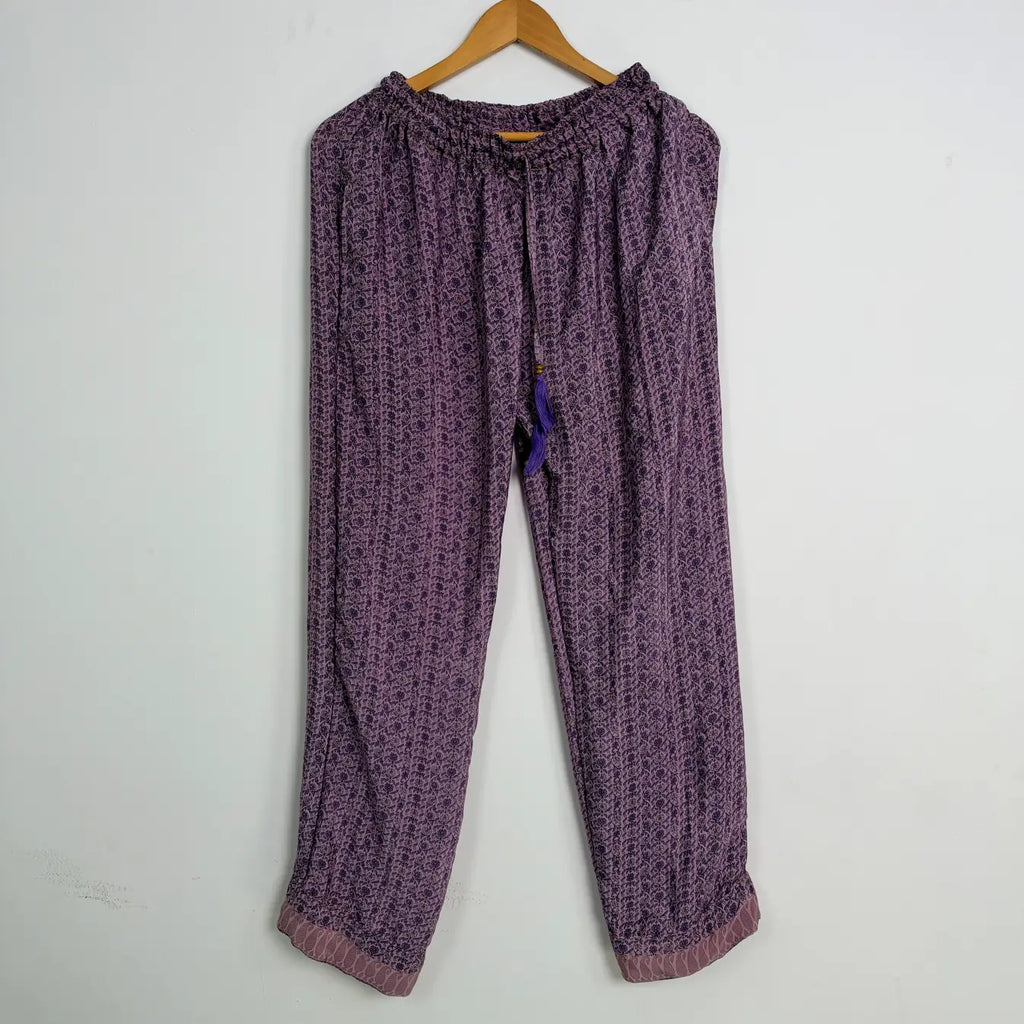 Women's Recycled Silk Sari Pajama Set, Handmade Family Pajamas, Colorful Sleepwear, Short Sleeve Top, Drawstring Pants, Holiday Gift for Mom
