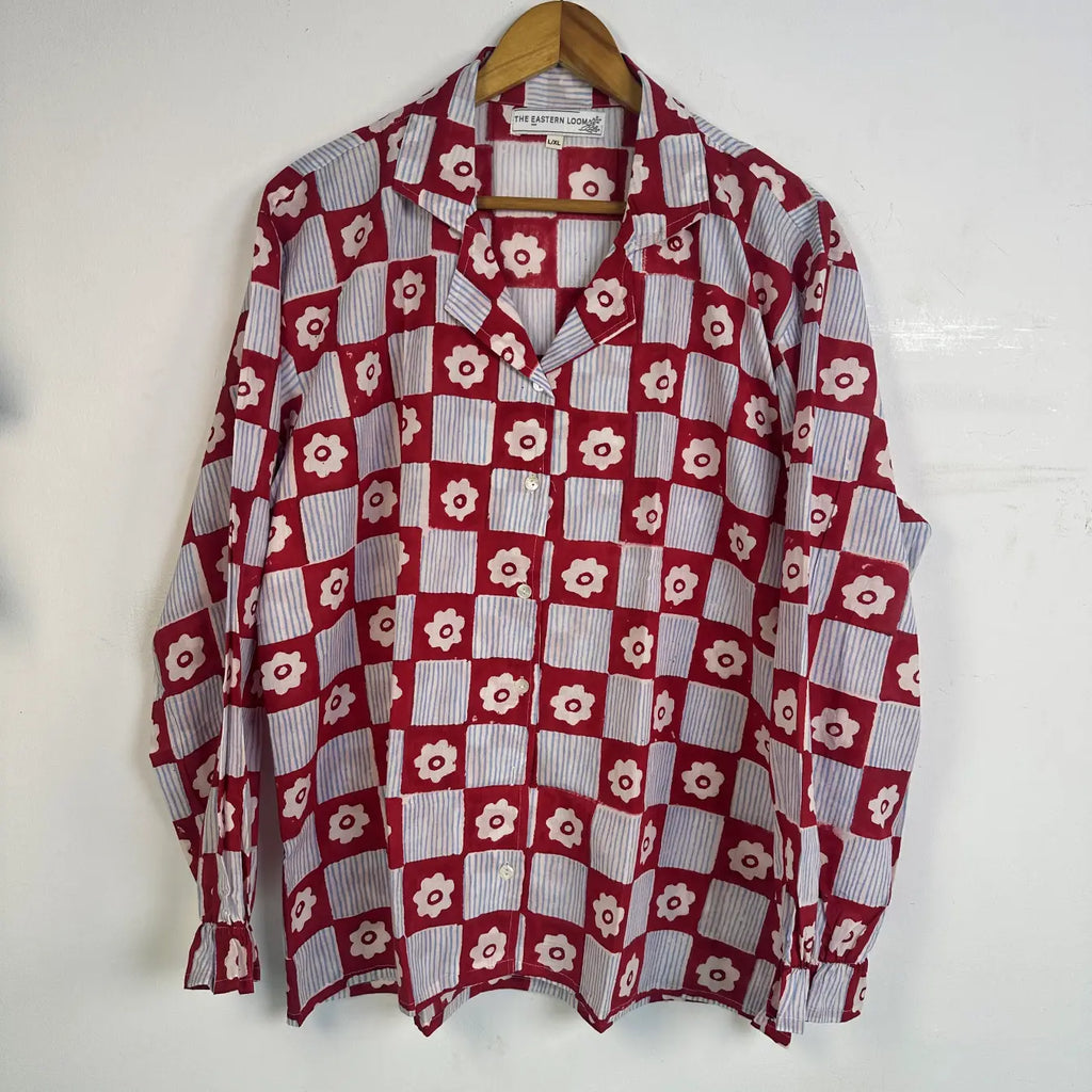 100% Cotton Pyjama Set for Women, Floral PJs, Handblock Print Sleepwear, Button Down Top and Matching Trousers
