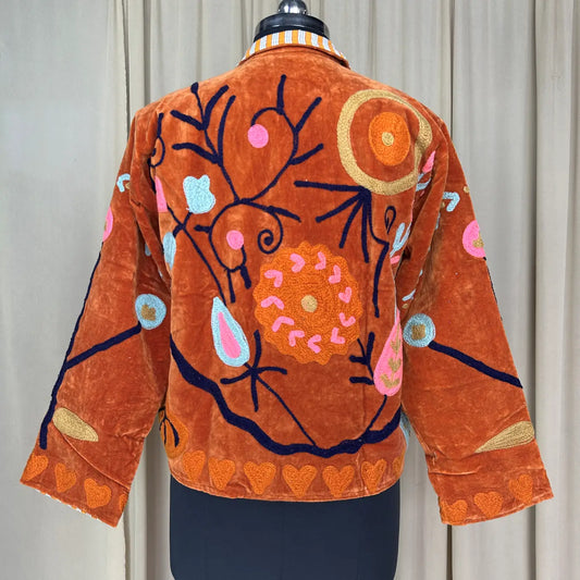 Boho Hand Embroidered Velvet Suzani Jacket, Brwon Floral Open Front Coat Winter Wear Free Size Robe Retro Chic Free Size Robe Blazer for Her