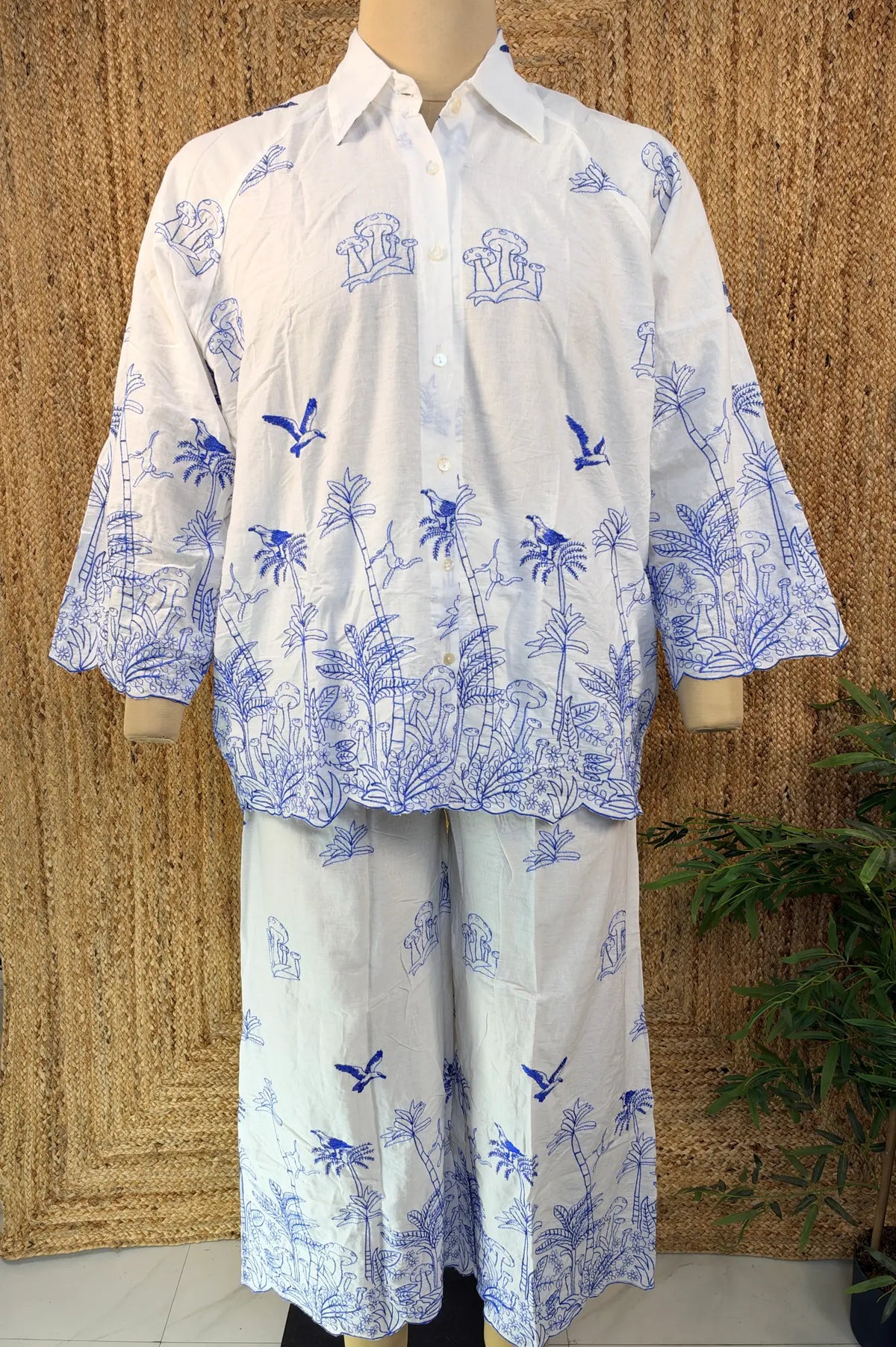 Women's Pyjama Set, Embroidered White Linen Co Ord Set, Blue Floral Wide Leg Pants, Minimalist Boho Loungewear, Gift for Her