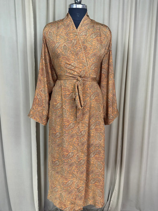 Recycle Silk Sari Women Kimono | Boho Chic Beach Cover Up Vintage Lounge Dressing Robe l Resort Wear Regal Gypsy House Robe | Yellow Paisley (Copy)