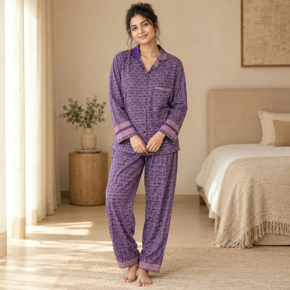 Women's Recycled Silk Sari Pajama Set, Handmade Family Pajamas, Colorful Sleepwear, Short Sleeve Top, Drawstring Pants, Holiday Gift for Mom