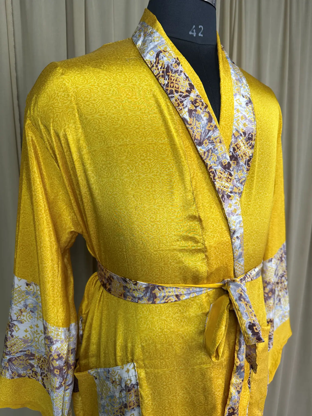 Men's Silky Kimono Robe in yellow floral