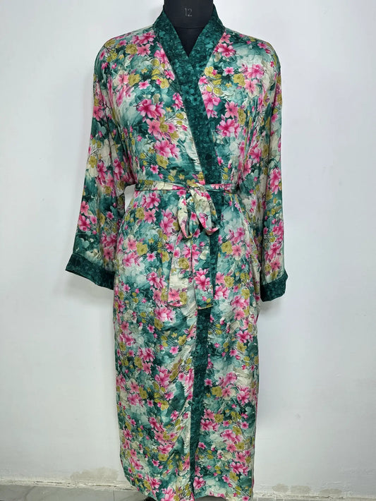 Recycle Silk Sari Women Kimono | Boho Chic Robe House | Beach Cover Up Vintage Bridesmaid Lounge Dressing Gown l Resort Wear Gypsy Nightwear