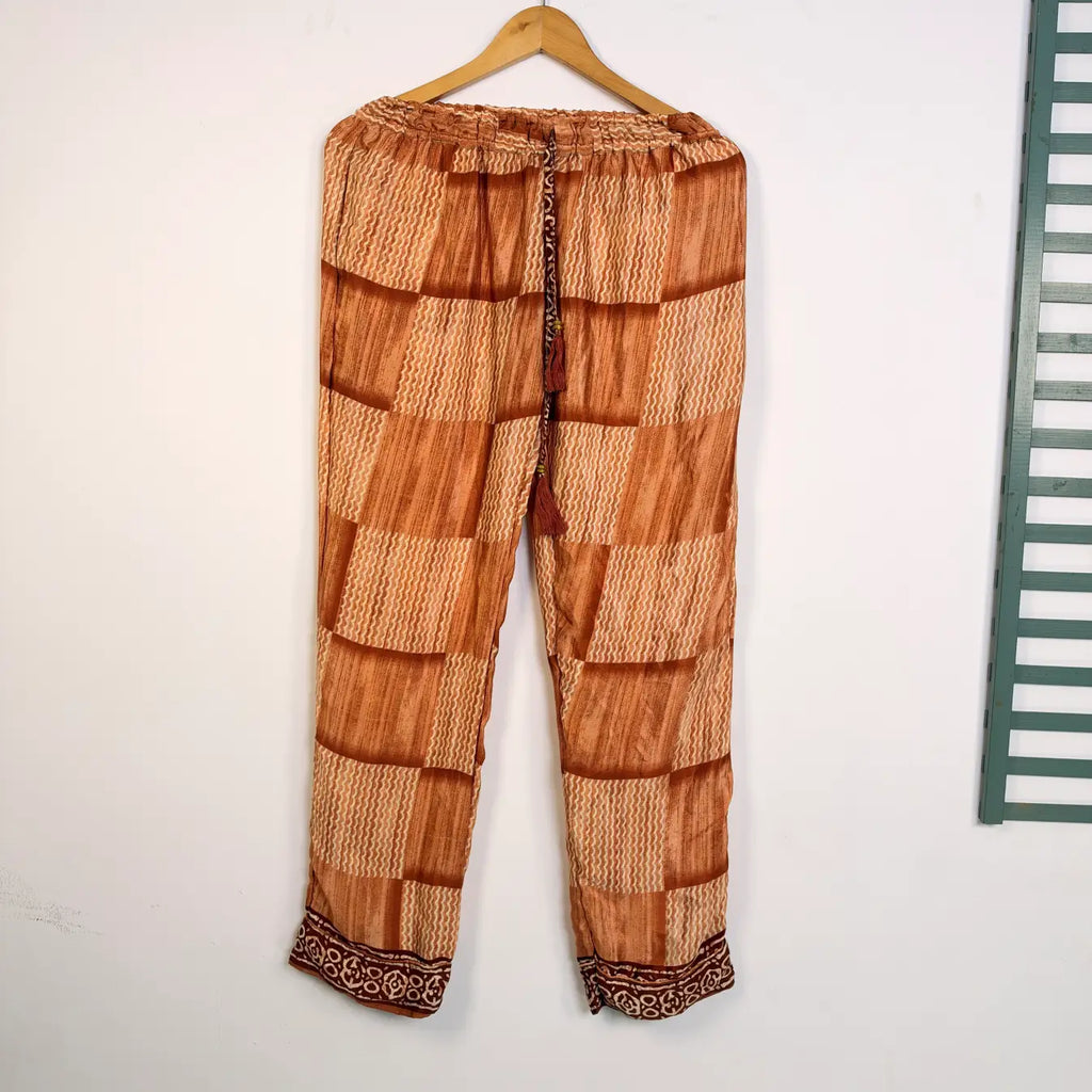 Recycled Silk Sari Pajama Set, Handmade Silk Blend Sleepwear with Pockets, Button Down Top, Drawstring Pants, Boho Gift for Her