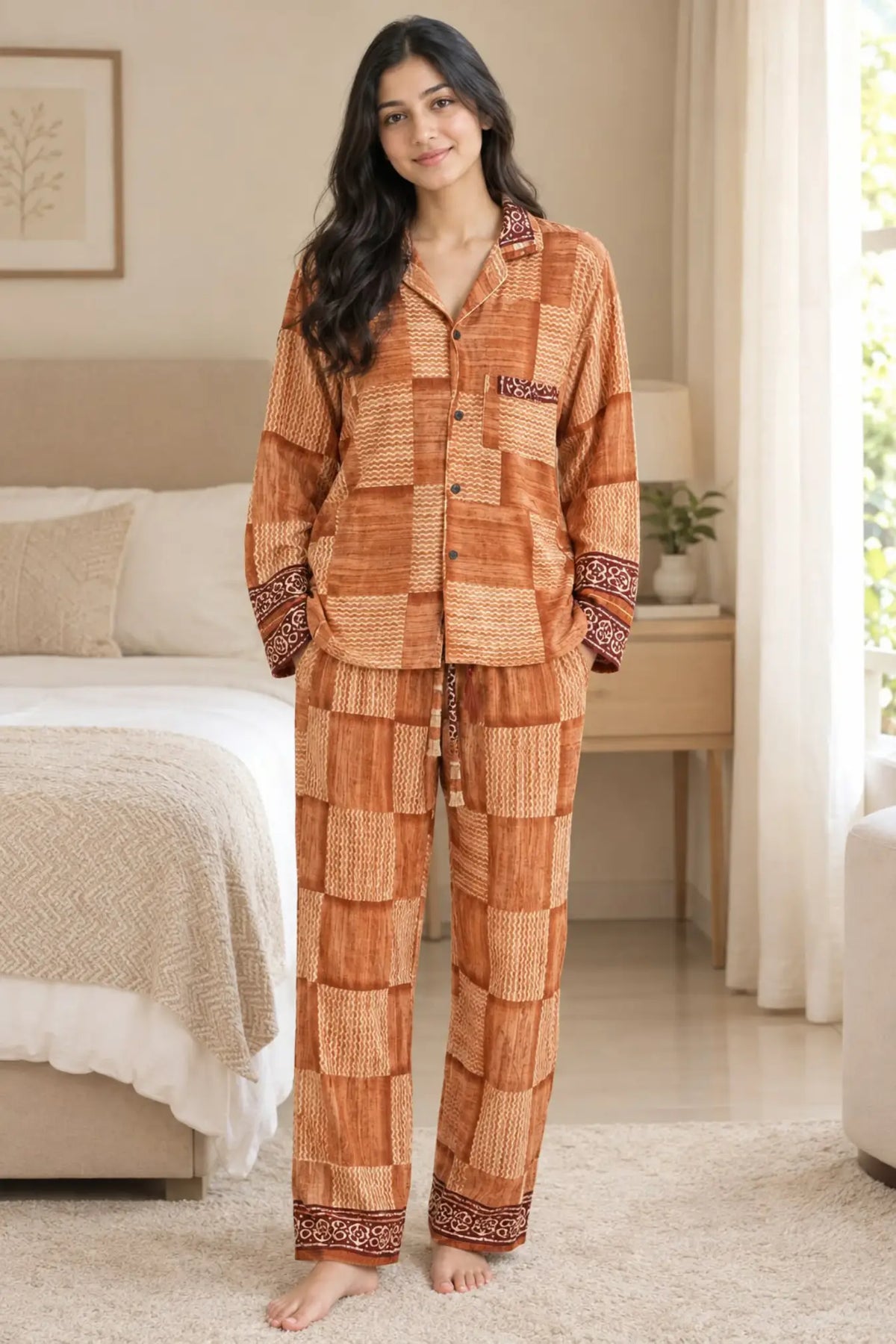 Recycled Silk Sari Pajama Set, Handmade Silk Blend Sleepwear with Pockets, Button Down Top, Drawstring Pants, Boho Gift for Her