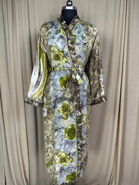 Recycle Silk Sari Women Kimono | Boho Chic Beach Cover Up Vintage Lounge Dressing Robe l Resort Wear Regal Gypsy House Robe | Green Floral