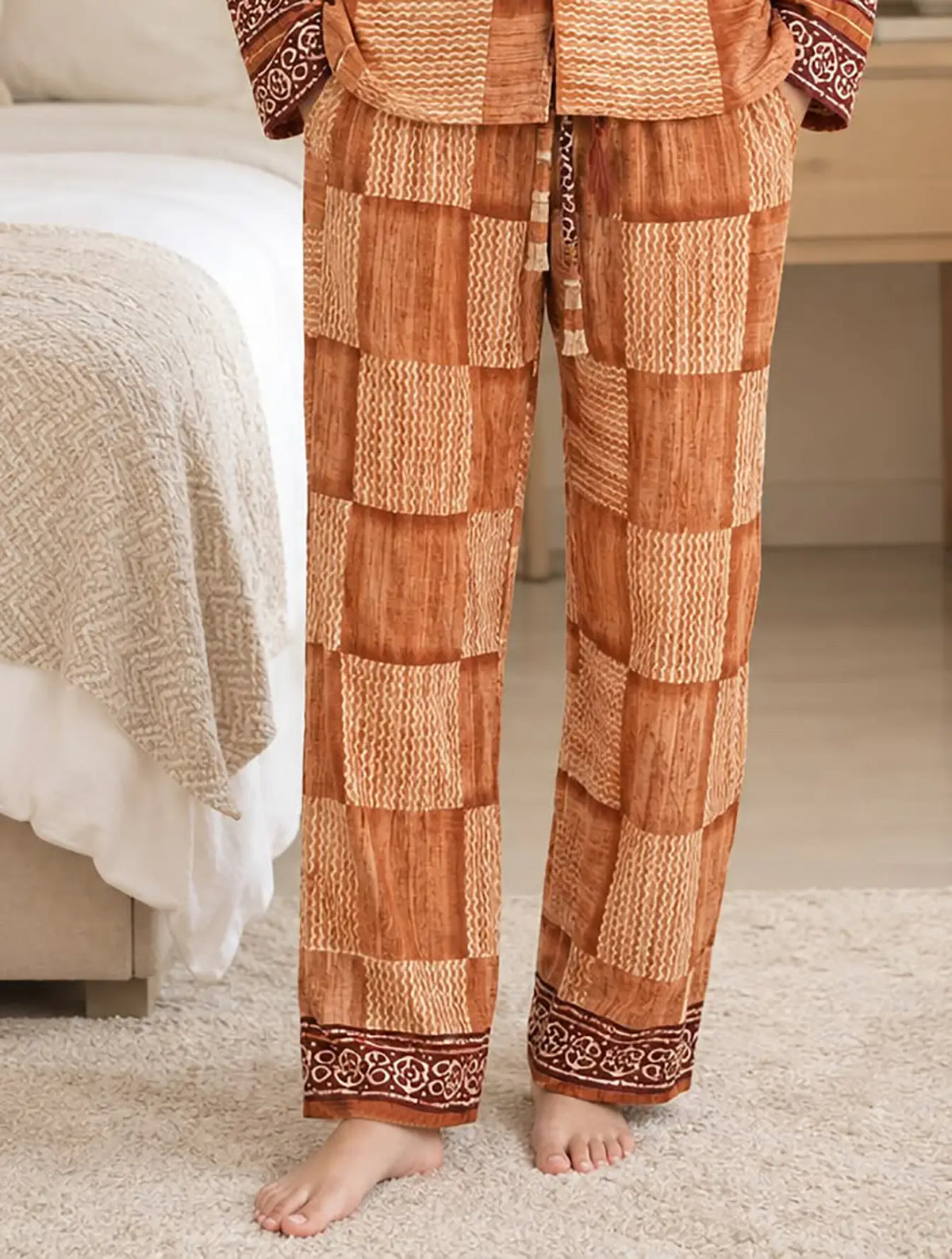 Recycled Silk Sari Pajama Set, Handmade Silk Blend Sleepwear with Pockets, Button Down Top, Drawstring Pants, Boho Gift for Her
