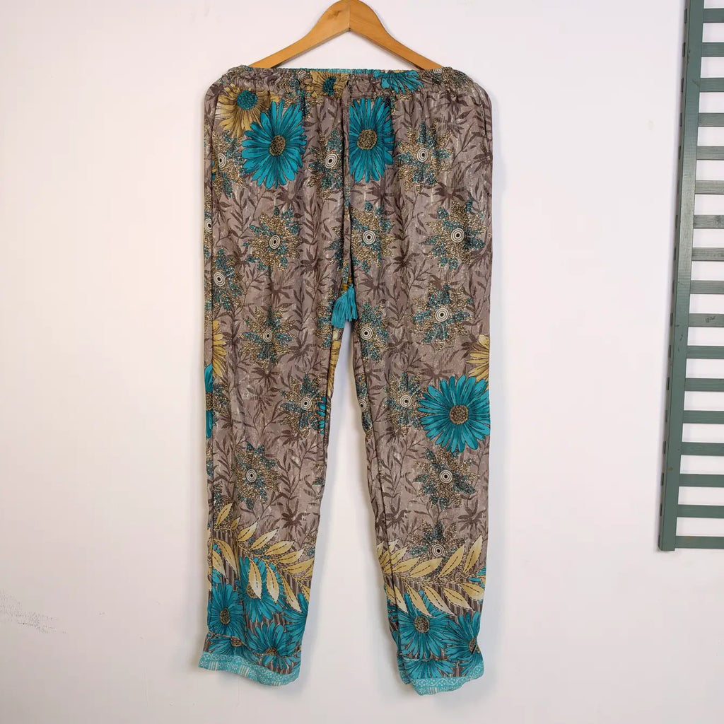 Boho Silk Sari Pajama Set, Colorful Handmade Loungewear for Women with Pockets, Short Sleeve Button Down Top, Drawstring Pants, Gift