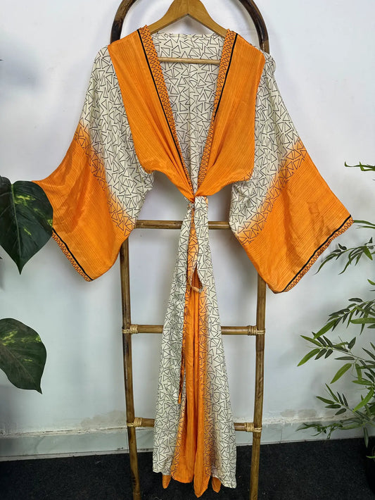 Upcycle Boho Silk Long Women kimono, Boho Chic Robe House Beach Cover Up Vintage Bridesmaid Lounge Dressing Gown Resort Wear Gypsy Nightwear