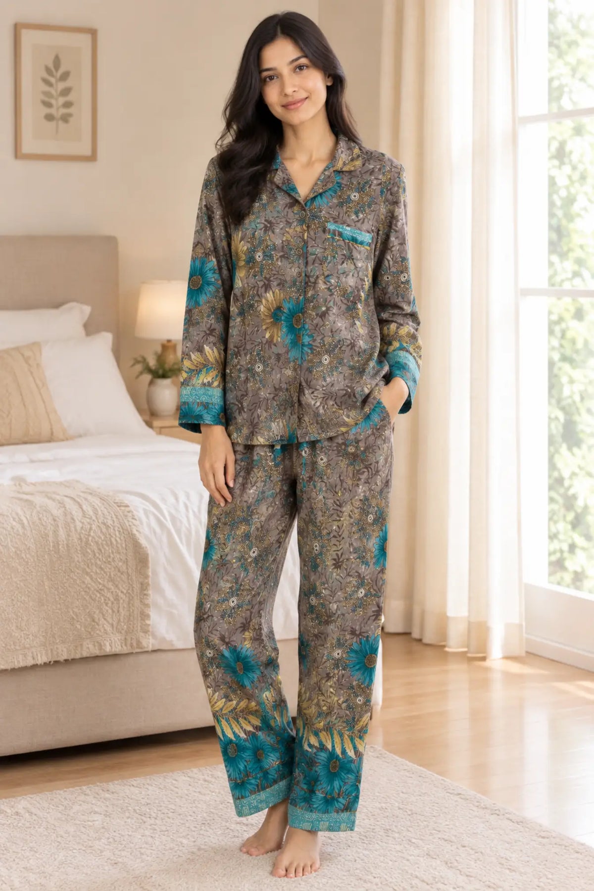 Boho Silk Sari Pajama Set, Colorful Handmade Loungewear for Women with Pockets, Short Sleeve Button Down Top, Drawstring Pants, Gift