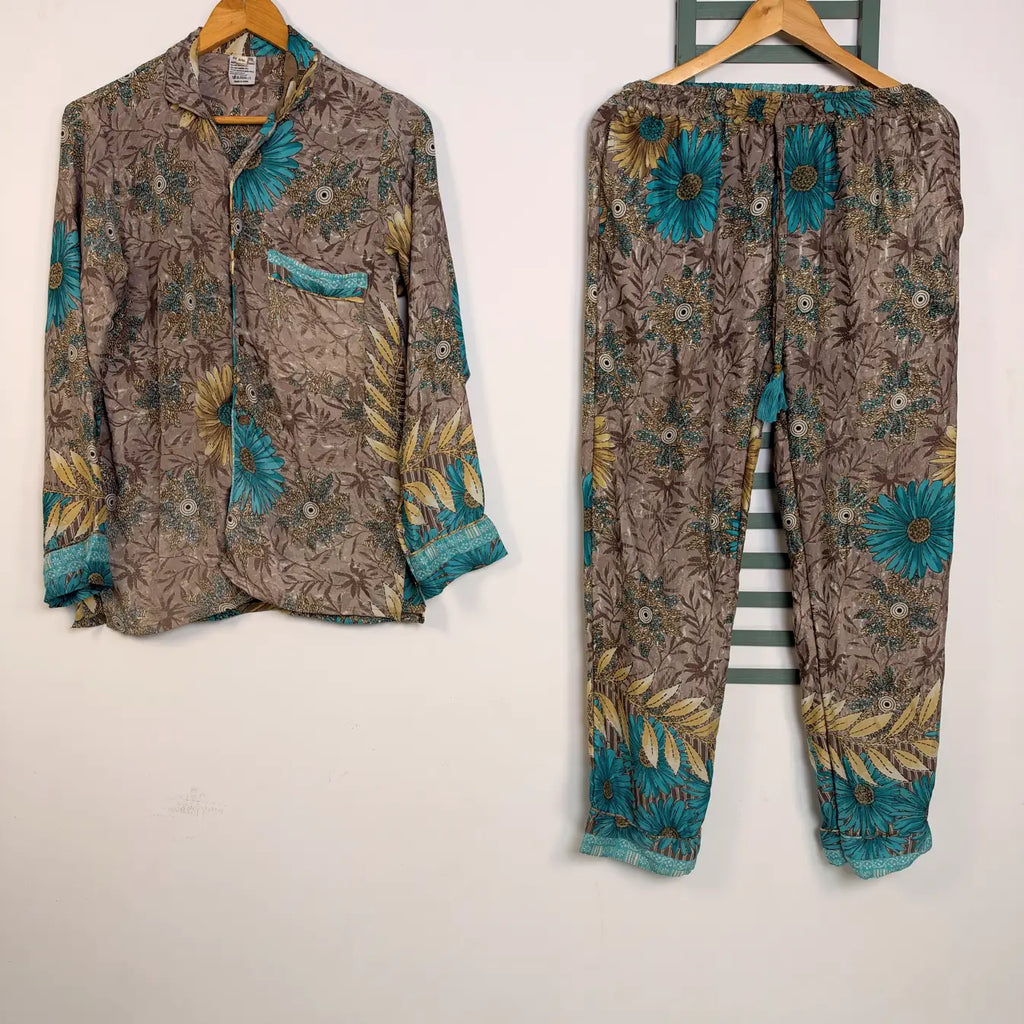 Boho Silk Sari Pajama Set, Colorful Handmade Loungewear for Women with Pockets, Short Sleeve Button Down Top, Drawstring Pants, Gift