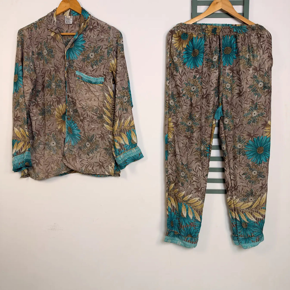 Boho Silk Sari Pajama Set, Colorful Handmade Loungewear for Women with Pockets, Short Sleeve Button Down Top, Drawstring Pants, Gift