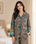 Boho Silk Sari Pajama Set, Colorful Handmade Loungewear for Women with Pockets, Short Sleeve Button Down Top, Drawstring Pants, Gift