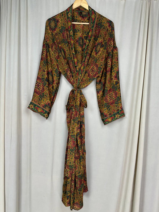 Recycle Silk Sari Women Kimono | Boho Chic Beach Cover Up Vintage Lounge Dressing Robe l Resort Wear Regal Gypsy House Robe | Yellow Floral