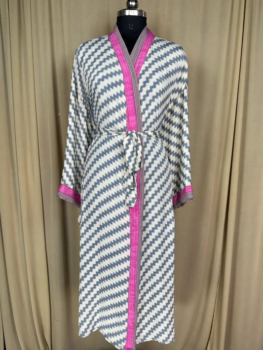 Recycle Silk Sari Women Kimono | Boho Chic Beach Cover Up Vintage Lounge Dressing Robe l Resort Wear Regal Gypsy House Robe, White Geometric