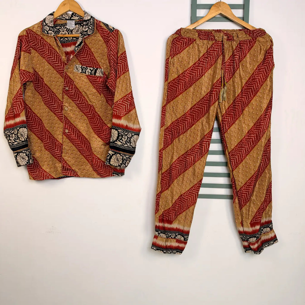 Silky Nightwear Pajama Set, Recycled Sari Silk Blend Luxury Lounge Set, Button Down Top, Drawstring Pants with Side Pockets, Gift