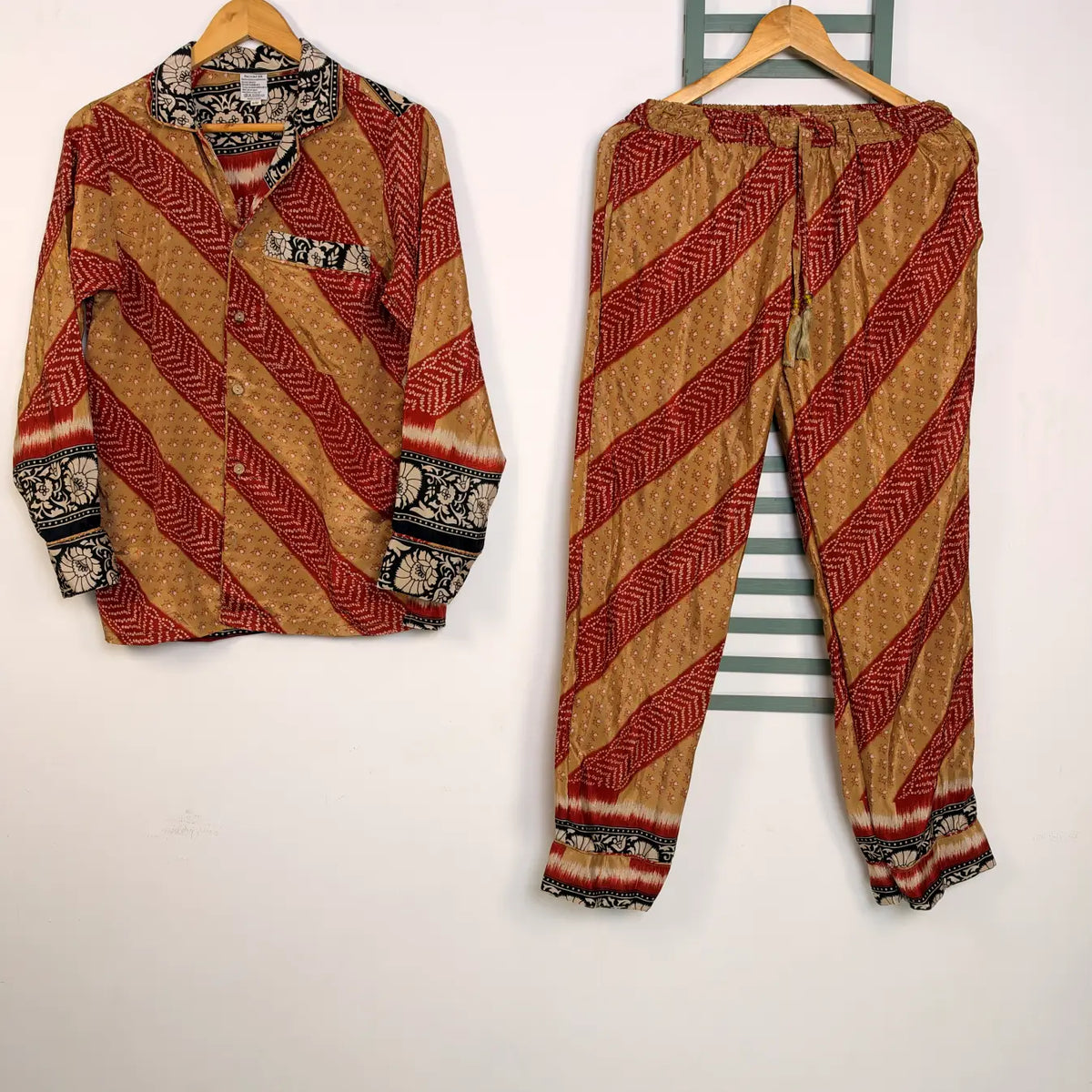 Silky Nightwear Pajama Set, Recycled Sari Silk Blend Luxury Lounge Set, Button Down Top, Drawstring Pants with Side Pockets, Gift