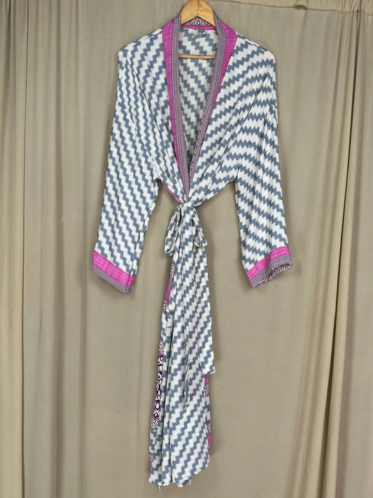 Recycle Silk Sari Women Kimono | Boho Chic Beach Cover Up Vintage Lounge Dressing Robe l Resort Wear Regal Gypsy House Robe, White Geometric