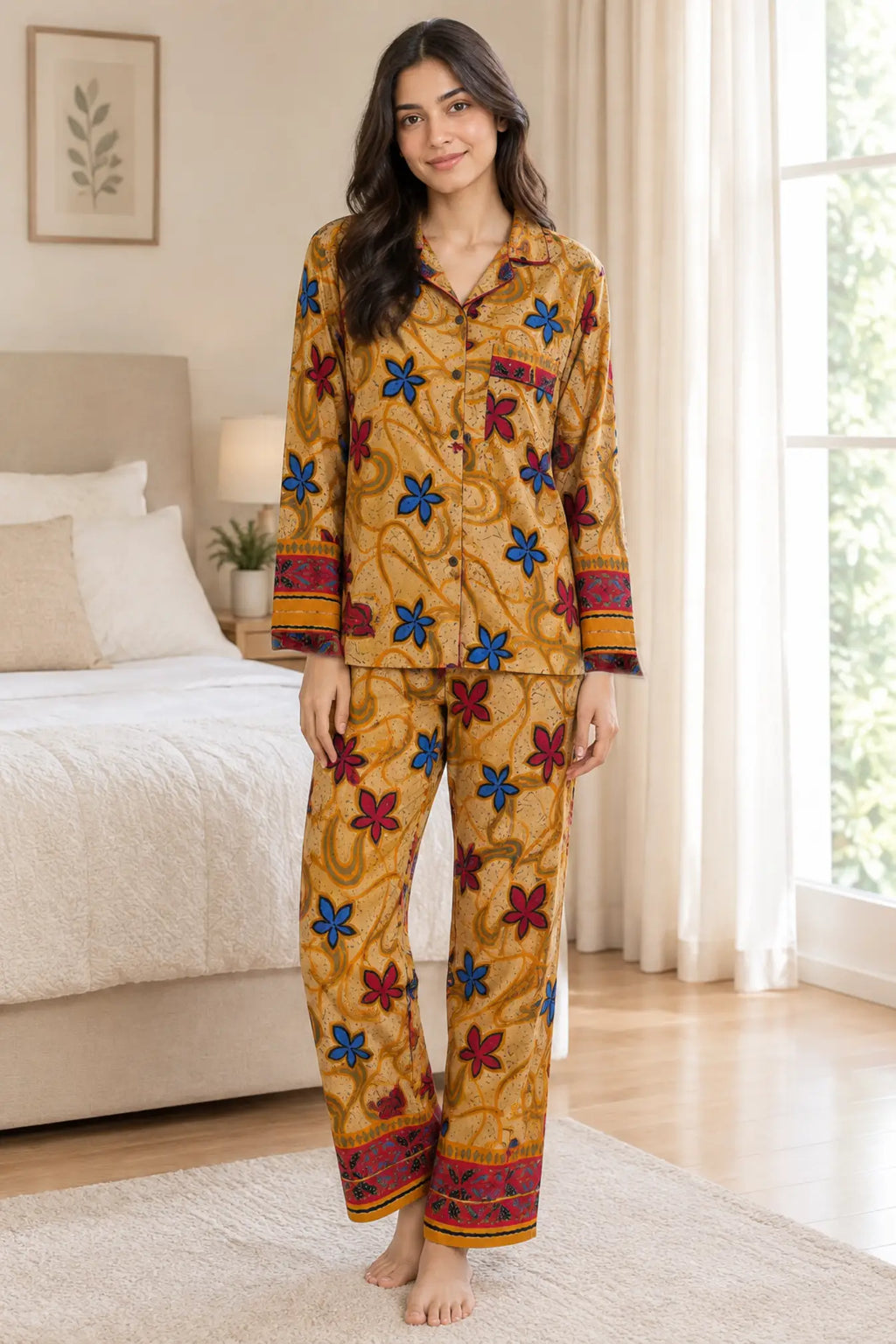 Handmade Recycled Sari Pajama Set, Boho Women's Clothing, Silk Blend Loungewear, Button Down Top, Drawstring Pants, Gift for Her