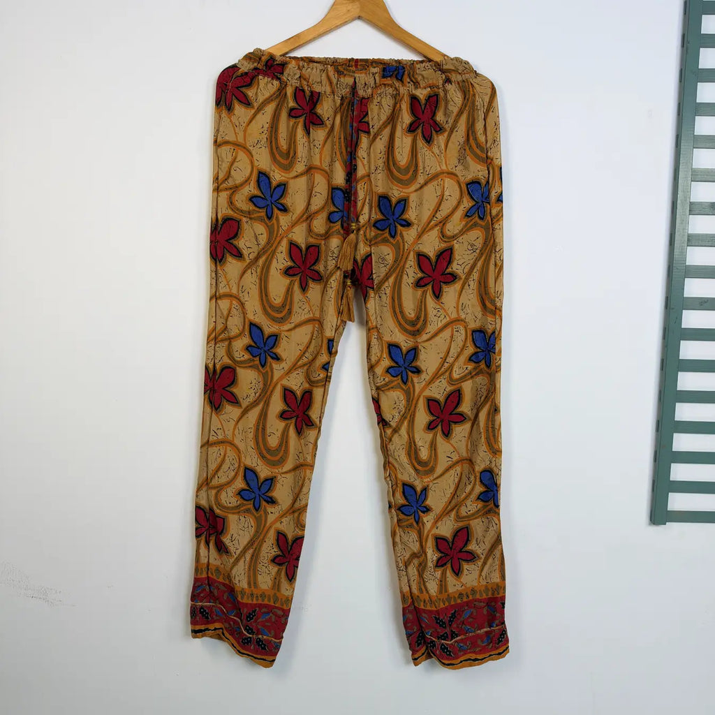 Handmade Recycled Sari Pajama Set, Boho Women's Clothing, Silk Blend Loungewear, Button Down Top, Drawstring Pants, Gift for Her