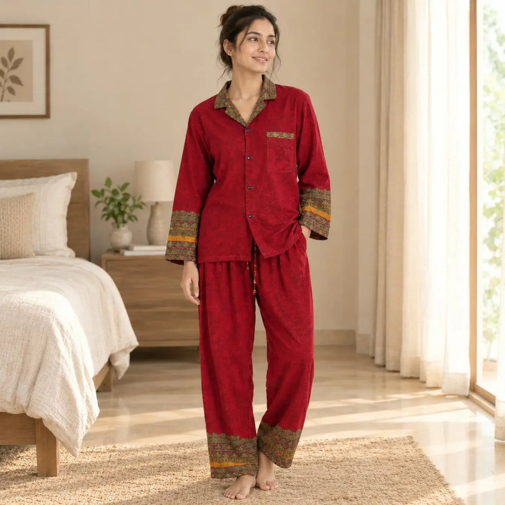 Boho Silk Sari Pajama Set, Colorful Handmade Loungewear for Women with Pockets, Short Sleeve Button Down Top, Drawstring Pants, Gift