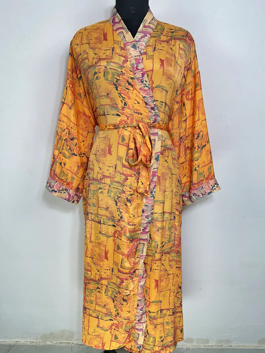 Recycle Silk Sari Women Kimono | Boho Chic Robe House | Beach Cover Up Vintage Bridesmaid Lounge Dressing Gown l Resort Wear Gypsy Nightwear