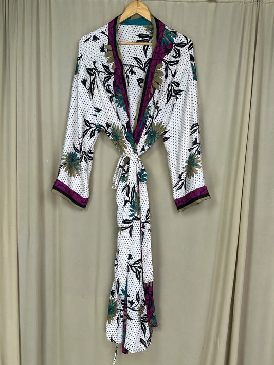 Recycle Silk Sari Women Kimono | Boho Chic Beach Cover Up Vintage Lounge Dressing Robe l Resort Wear Regal Gypsy House Robe | White Floral