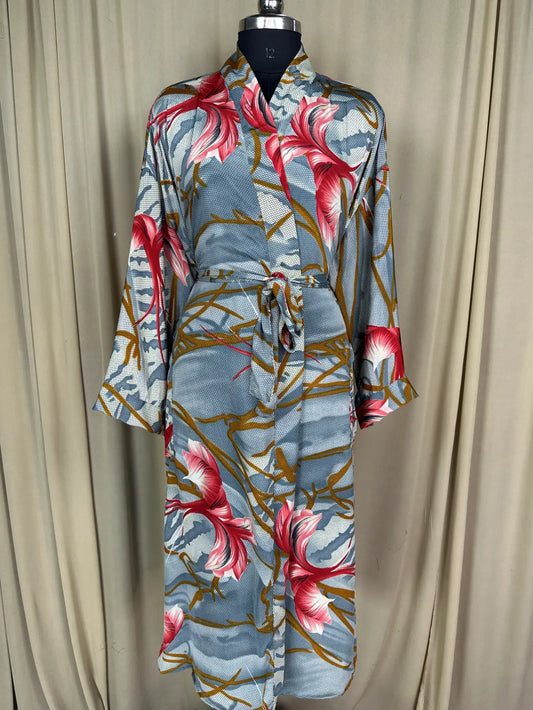 Recycle Silk Sari Women Kimono | Boho Chic Beach Cover Up Vintage Lounge Dressing Robe l Resort Wear Regal Gypsy House Robe | Gray Floral
