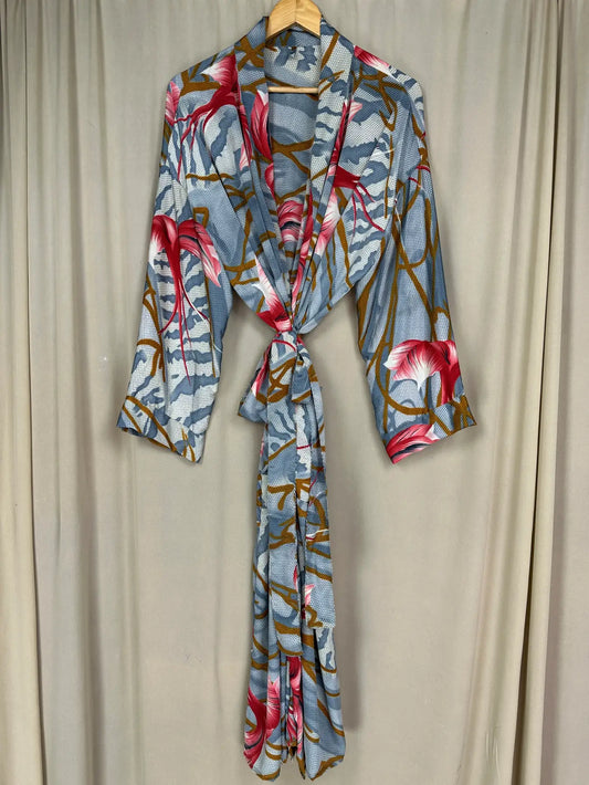 Recycle Silk Sari Women Kimono | Boho Chic Beach Cover Up Vintage Lounge Dressing Robe l Resort Wear Regal Gypsy House Robe | Gray Floral