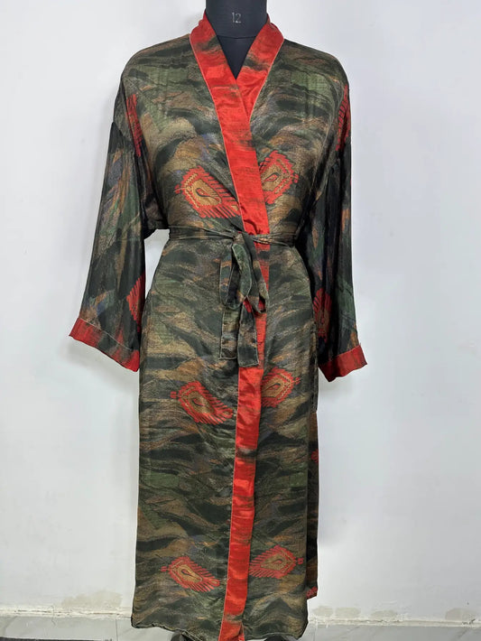 Recycle Silk Sari Women Kimono | Boho Chic Robe House | Beach Cover Up Vintage Bridesmaid Lounge Dressing Gown l Resort Wear Gypsy Nightwear