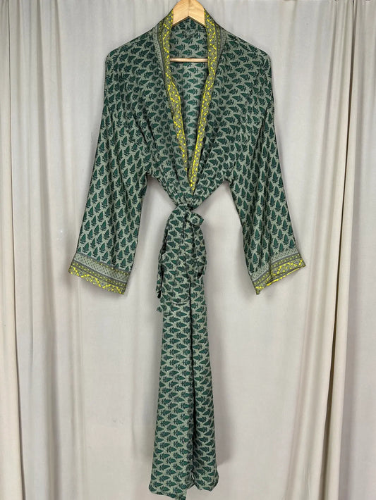 Recycle Silk Sari Women Kimono | Boho Chic Beach Cover Up Vintage Lounge Dressing Robe l Resort Wear Regal Gypsy House Robe | Green Floral