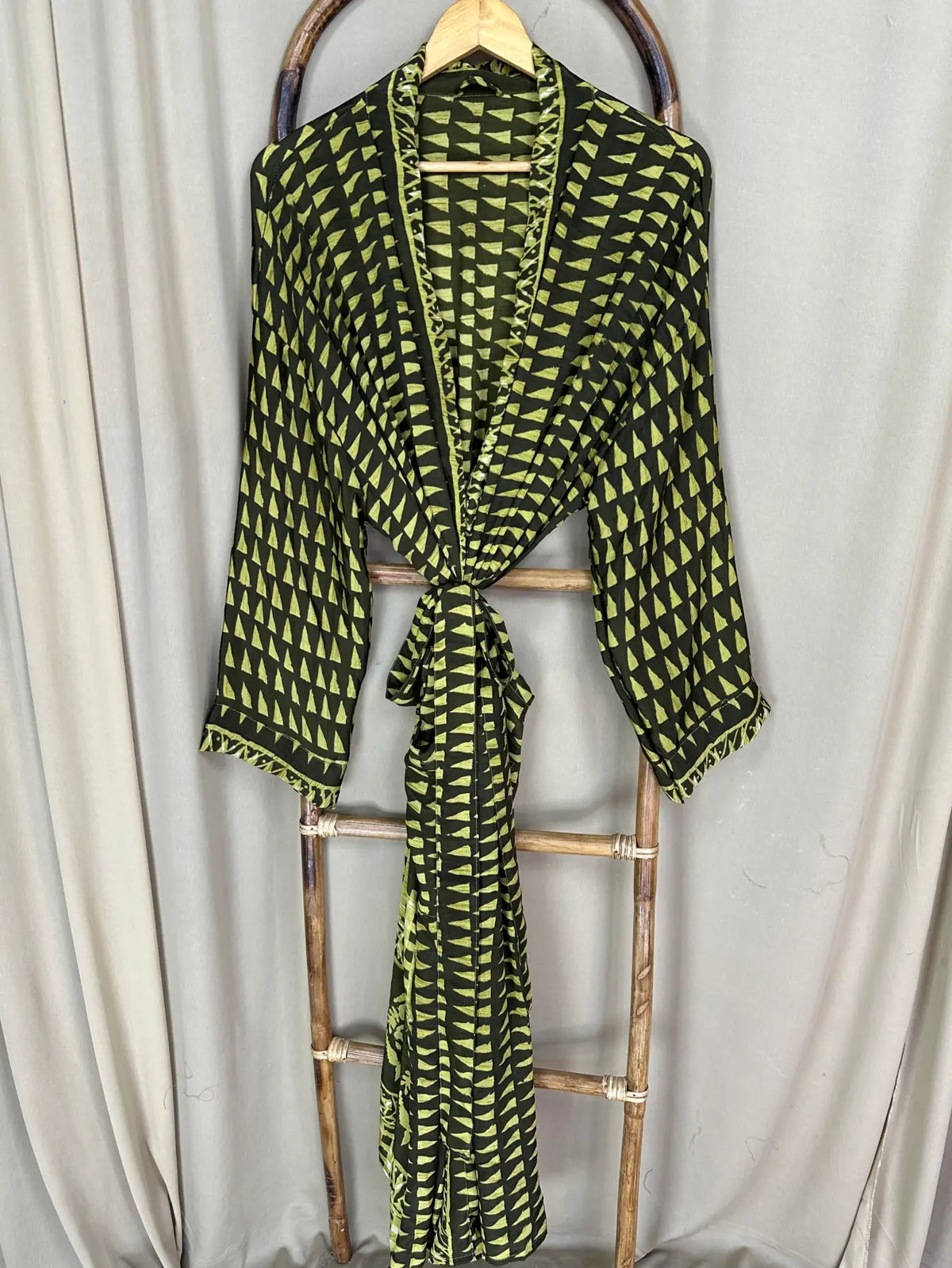 Recycle Silk Sari Women Kimono | Boho Chic Beach Cover Up Vintage Lounge Dressing Robe l Resort Wear Regal Gypsy House Robe, Green Geometric