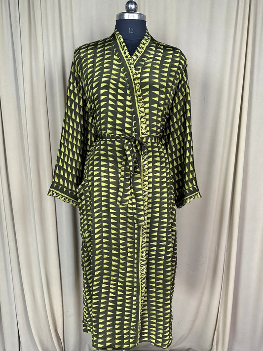 Recycle Silk Sari Women Kimono | Boho Chic Beach Cover Up Vintage Lounge Dressing Robe l Resort Wear Regal Gypsy House Robe, Green Geometric