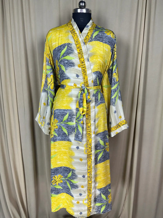 Recycle Silk Sari Women Kimono | Boho Chic Beach Cover Up Vintage Lounge Dressing Robe l Resort Wear Regal Gypsy House Robe | Yellow Floral