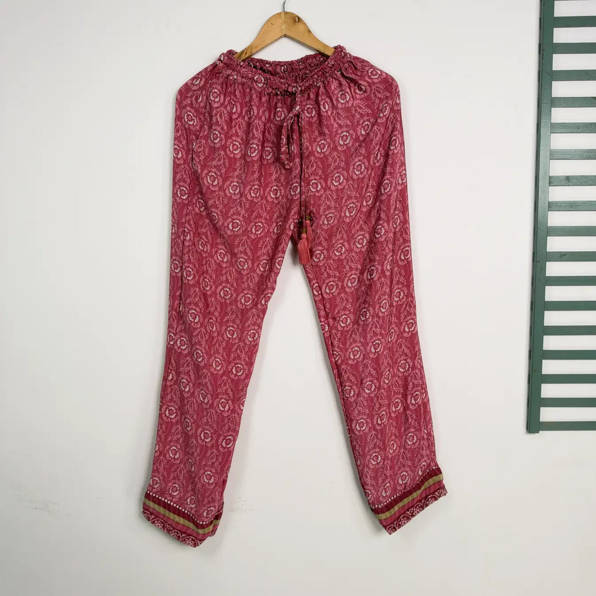 Boho Silk Sari Pajama Set, Colorful Handmade Loungewear for Women with Pockets, Short Sleeve Button Down Top, Drawstring Pants, Gift