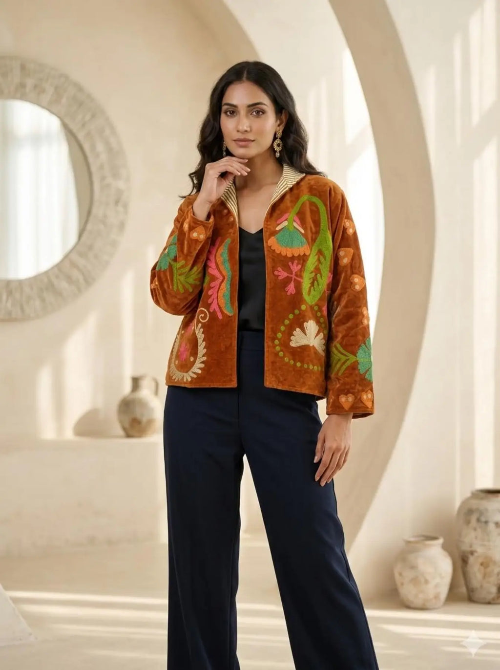 Women's Suzani embroidered Velvet Jacket in brown floral