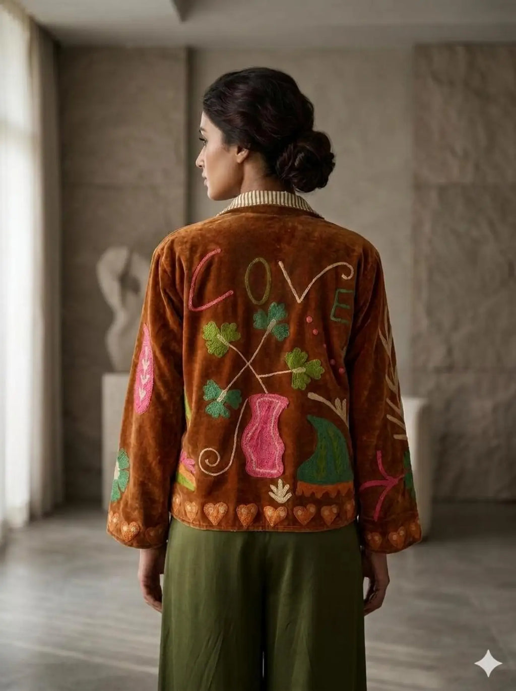 Women's Suzani embroidered Velvet Jacket in brown floral